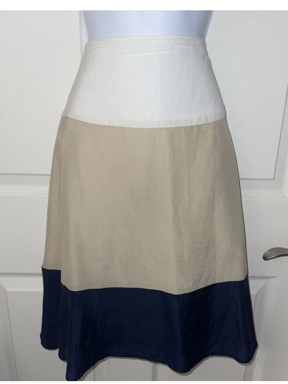 Anne Klein Silk Blend A-Line Skirt in Cream, Tan & Navy Colourblock 10